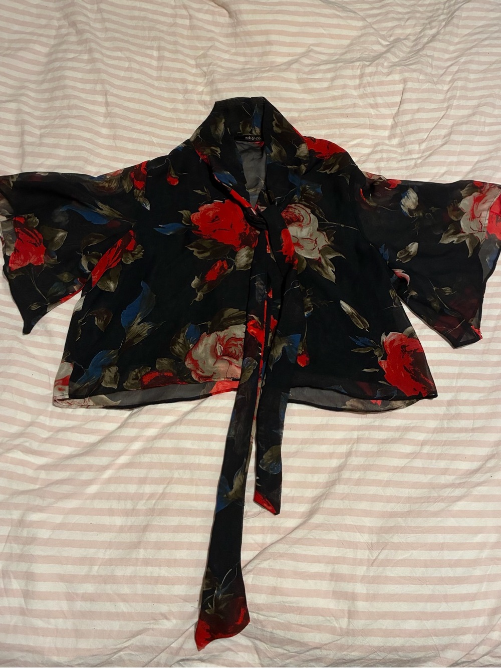 Ark & Co Black Sheer Tie-Neck Blouse with Red Floral